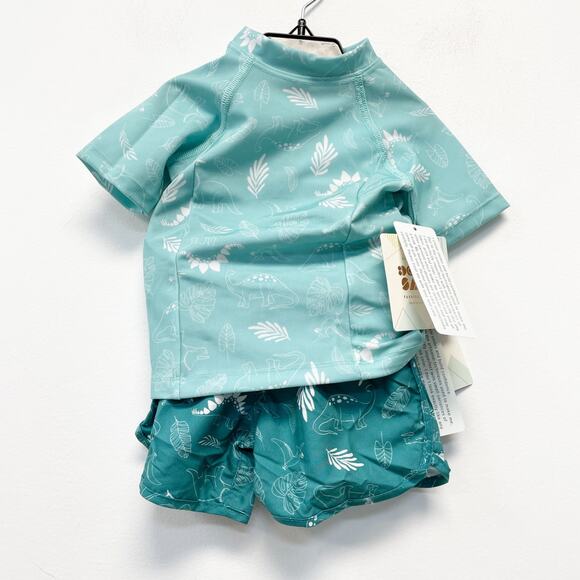 Dot Dot Smile Boys Toddler Swim Set 2T Teal Dino Print Rashguard & Shorts - Picture 1 of 6